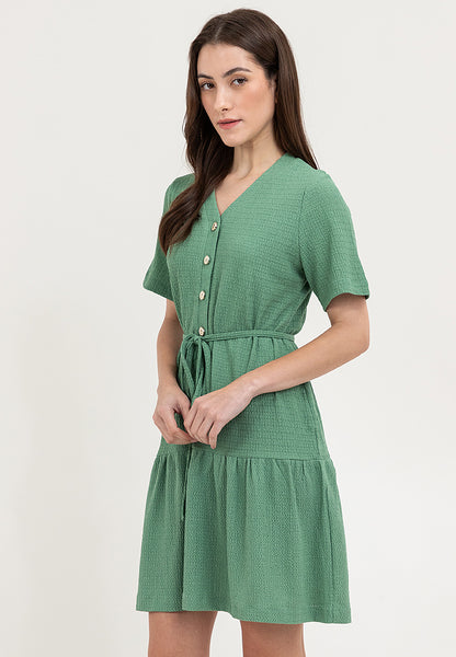 Krizia Button Down V-Neck Tied Waist Tiered Dress