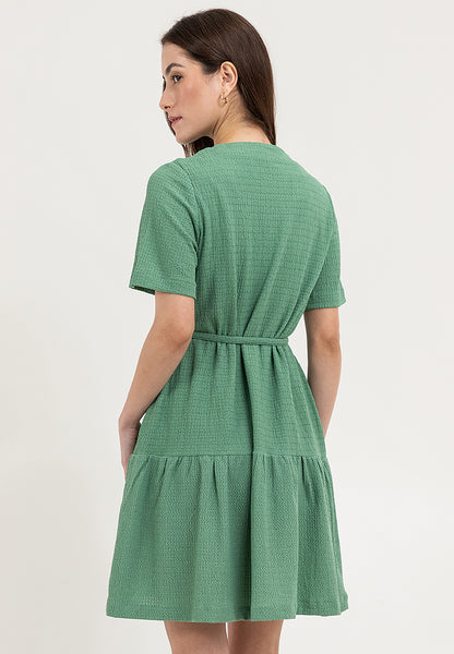 Krizia Button Down V-Neck Tied Waist Tiered Dress