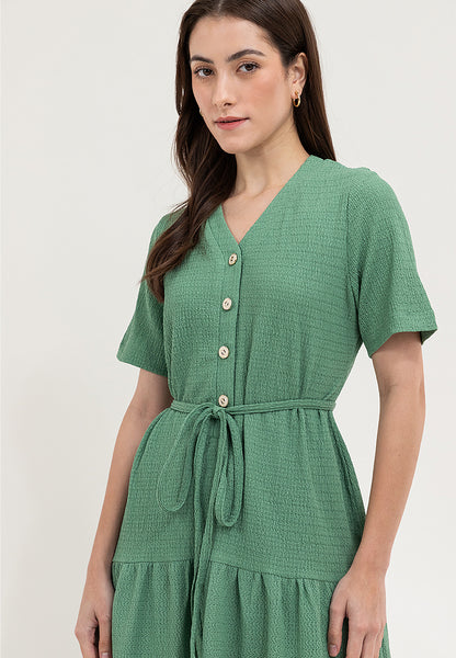 Krizia Button Down V-Neck Tied Waist Tiered Dress