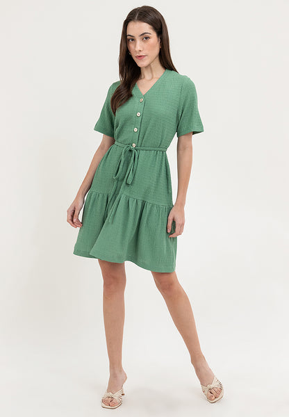 Krizia Button Down V-Neck Tied Waist Tiered Dress