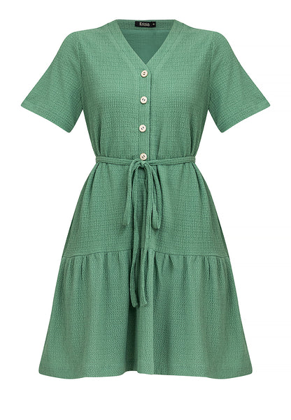 Krizia Button Down V-Neck Tied Waist Tiered Dress