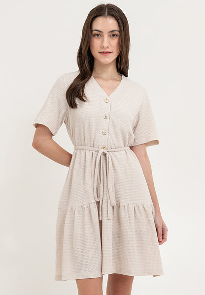 Krizia Button Down V-Neck Tied Waist Tiered Dress