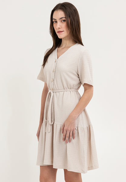 Krizia Button Down V-Neck Tied Waist Tiered Dress