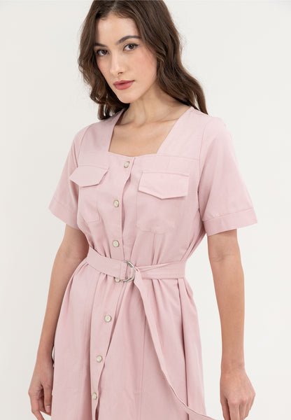 Krizia Double Pocket Square Neck Button Down Dress with Belt