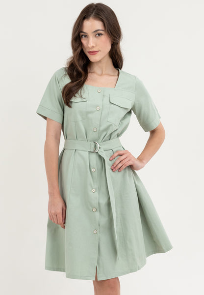 Krizia Double Pocket Square Neck Button Down Dress with Belt