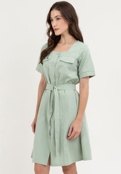 Krizia Double Pocket Square Neck Button Down Dress with Belt