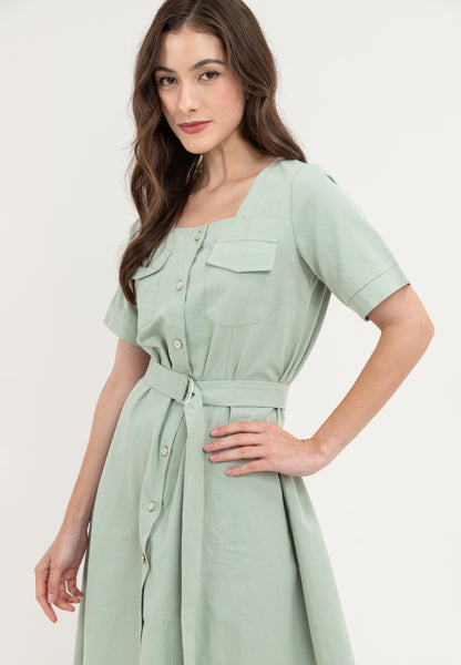 Krizia Double Pocket Square Neck Button Down Dress with Belt