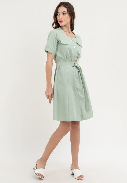 Krizia Double Pocket Square Neck Button Down Dress with Belt