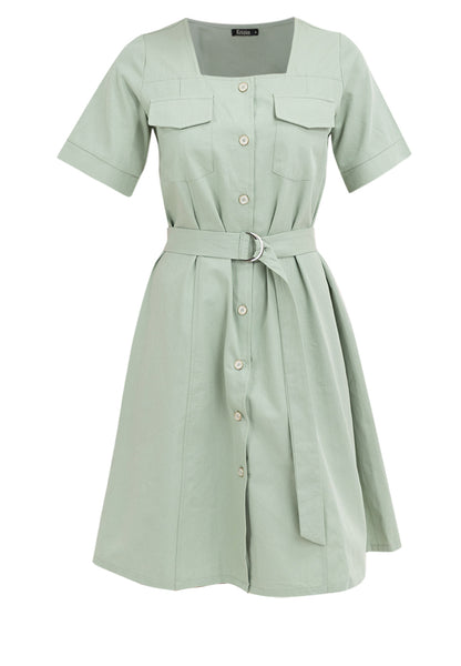 Krizia Double Pocket Square Neck Button Down Dress with Belt