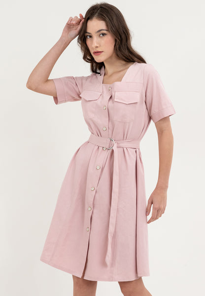 Krizia Double Pocket Square Neck Button Down Dress with Belt