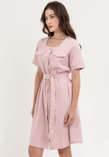 Krizia Double Pocket Square Neck Button Down Dress with Belt