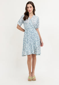 Krizia Printed Puff Sleeve Wrap Flounce Hem Dress