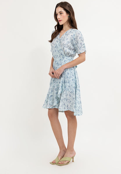 Krizia Printed Puff Sleeve Wrap Flounce Hem Dress