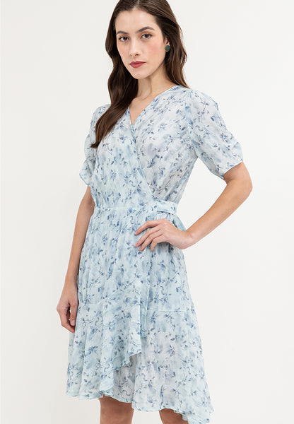 Krizia Printed Puff Sleeve Wrap Flounce Hem Dress