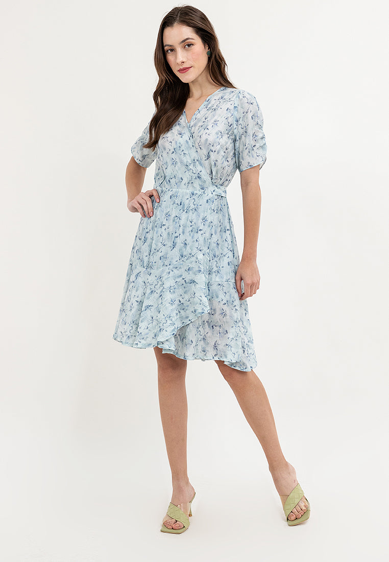 Krizia Printed Puff Sleeve Wrap Flounce Hem Dress