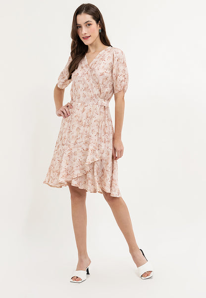 Krizia Printed Puff Sleeve Wrap Flounce Hem Dress