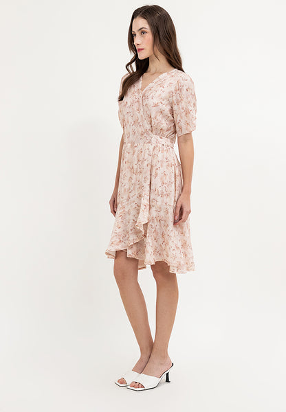 Krizia Printed Puff Sleeve Wrap Flounce Hem Dress