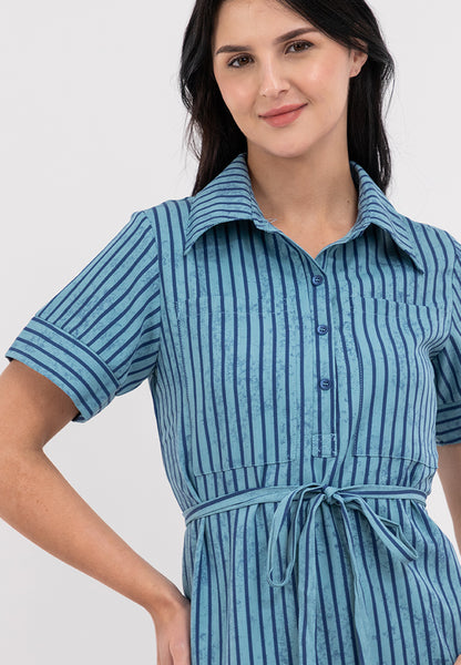 Krizia Stripe Collared Button Down Tie Waist Dress