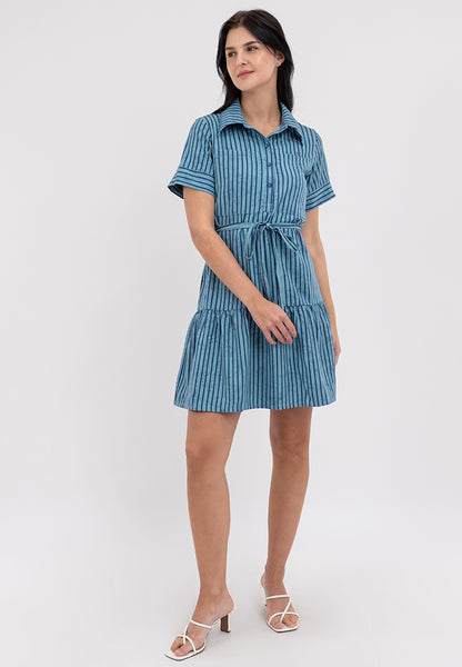 Krizia Stripe Collared Button Down Tie Waist Dress