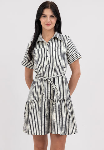 Krizia Stripe Collared Button Down Tie Waist Dress