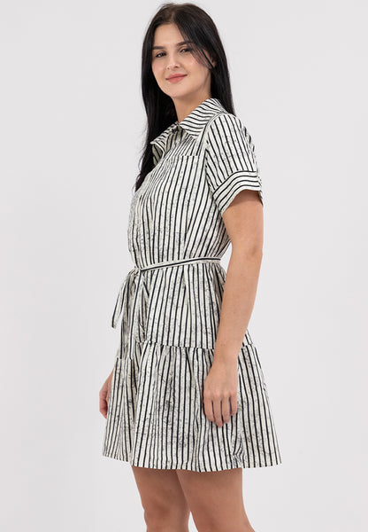 Krizia Stripe Collared Button Down Tie Waist Dress