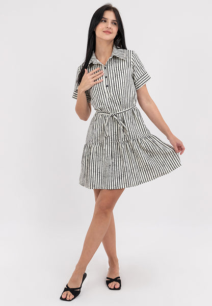 Krizia Stripe Collared Button Down Tie Waist Dress