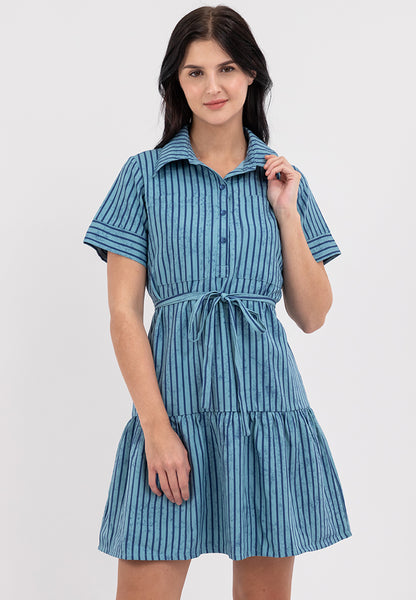 Krizia Stripe Collared Button Down Tie Waist Dress