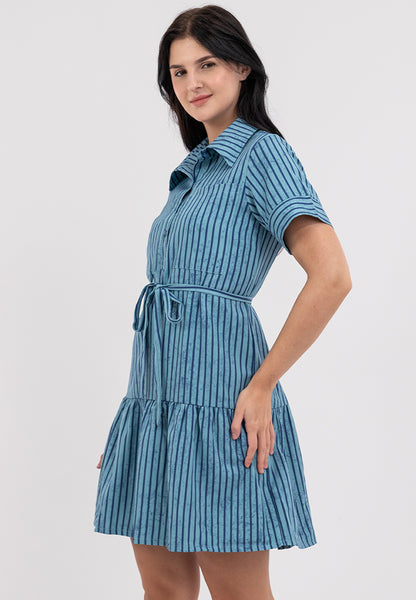 Krizia Stripe Collared Button Down Tie Waist Dress