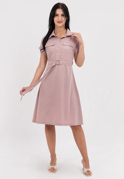 Krizia Belted Button Down Collared Dress with Flaps Pocket