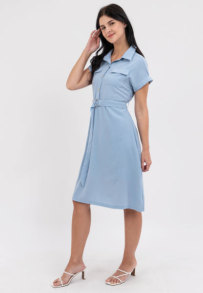 Krizia Belted Button Down Collared Dress with Flaps Pocket