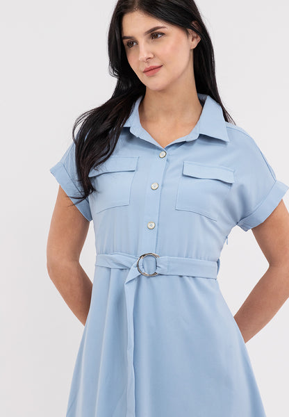 Krizia Belted Button Down Collared Dress with Flaps Pocket