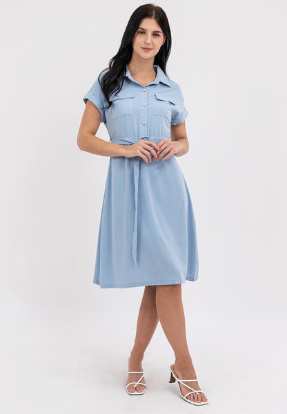 Krizia Belted Button Down Collared Dress with Flaps Pocket