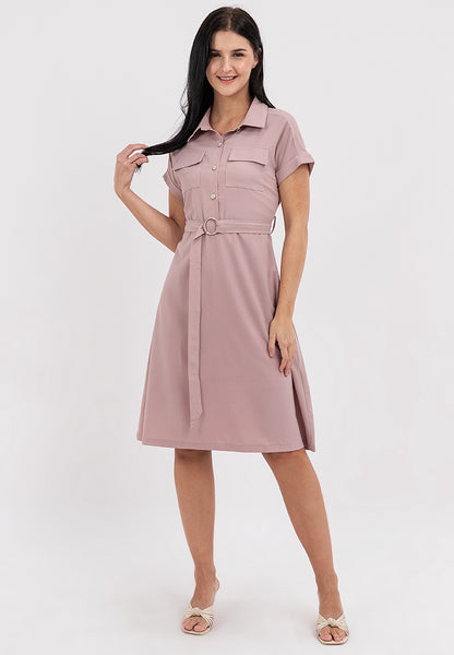 Krizia Belted Button Down Collared Dress with Flaps Pocket