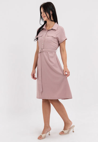 Krizia Belted Button Down Collared Dress with Flaps Pocket