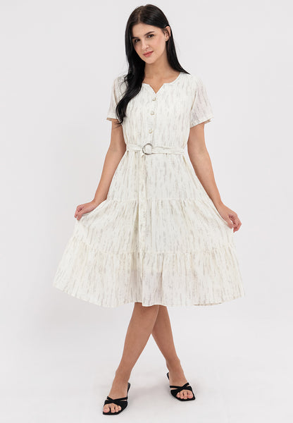 Krizia V-Neck Button Donw Belted Tiered Dress