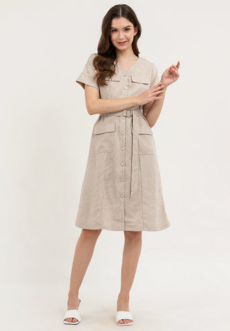 Krizia Button Down V-Neck Front Flaps Belted Dress