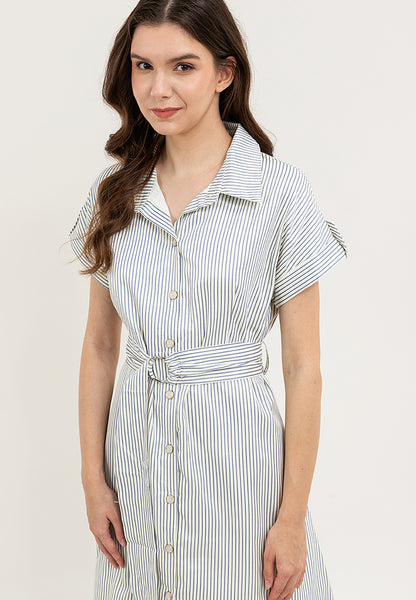 Krizia Vertical Stripes Belted Button Down Collared Dress