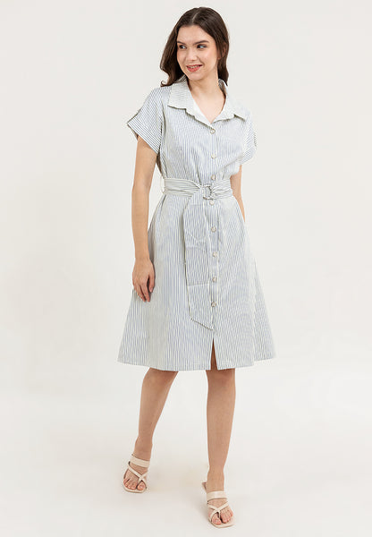 Krizia Vertical Stripes Belted Button Down Collared Dress