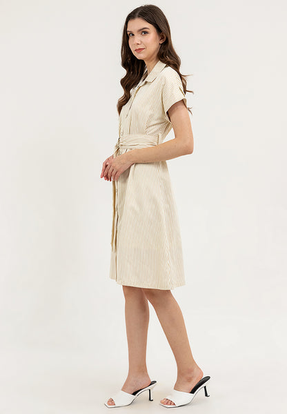 Krizia Vertical Stripes Belted Button Down Collared Dress