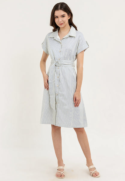 Krizia Vertical Stripes Belted Button Down Collared Dress