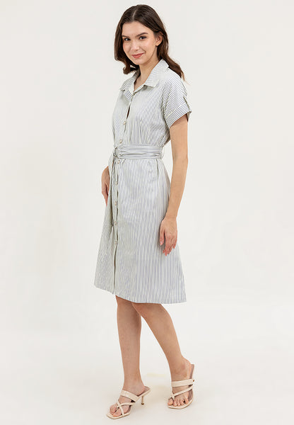 Krizia Vertical Stripes Belted Button Down Collared Dress