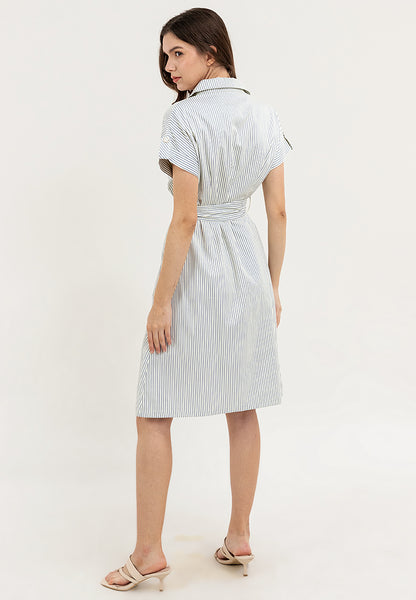 Krizia Vertical Stripes Belted Button Down Collared Dress