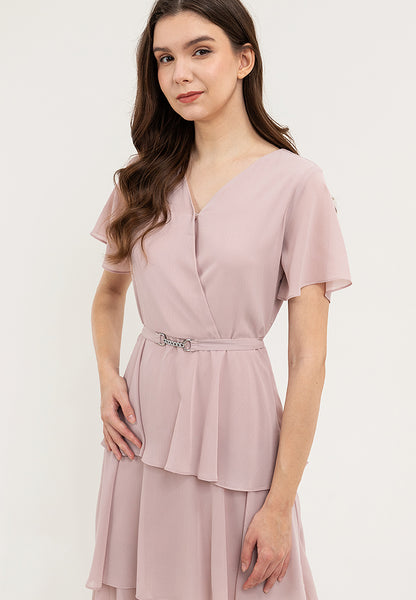 Krizia V-Neck Layered Peplum Waist Tiered Dress with Decorative Buckle Belt