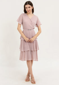 Krizia V-Neck Layered Peplum Waist Tiered Dress with Decorative Buckle Belt