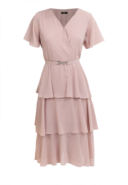 Krizia V-Neck Layered Peplum Waist Tiered Dress with Decorative Buckle Belt