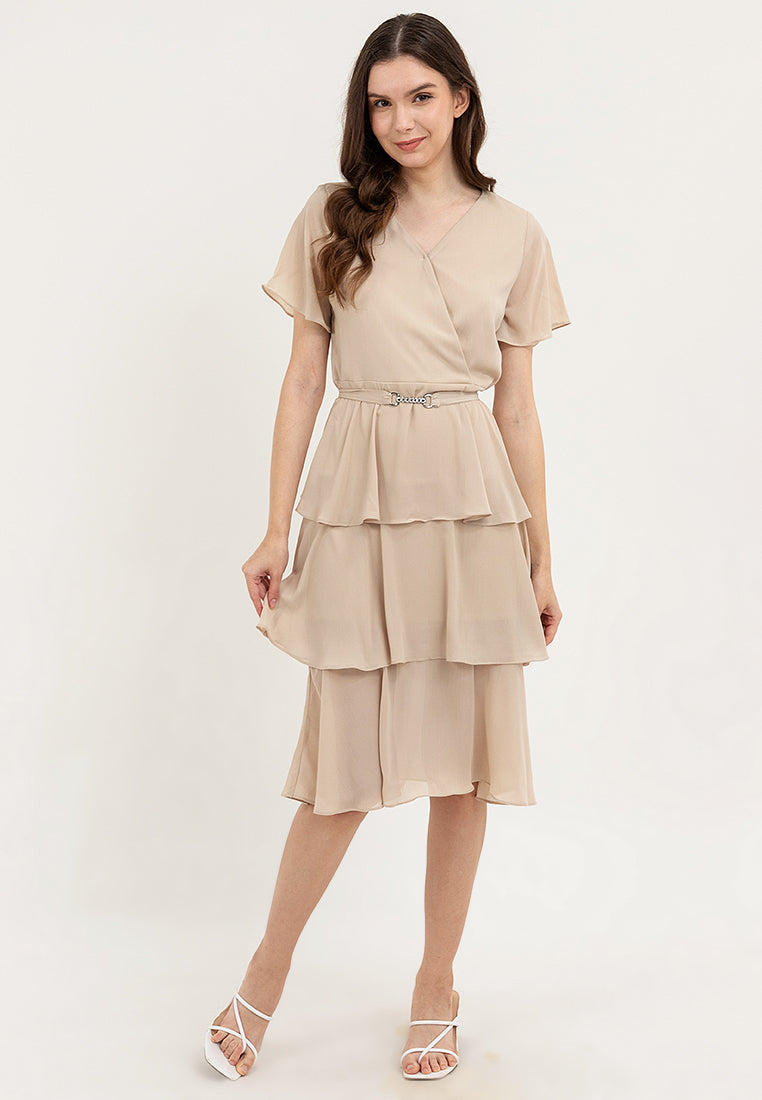 Krizia V-Neck Layered Peplum Waist Tiered Dress with Decorative Buckle Belt