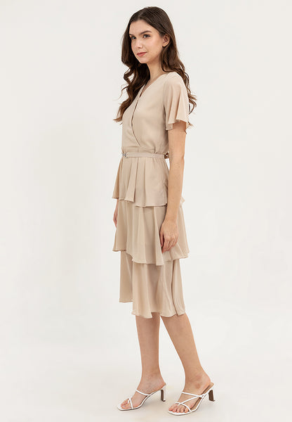 Krizia V-Neck Layered Peplum Waist Tiered Dress with Decorative Buckle Belt