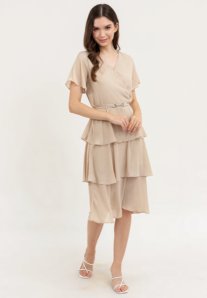 Krizia V-Neck Layered Peplum Waist Tiered Dress with Decorative Buckle Belt