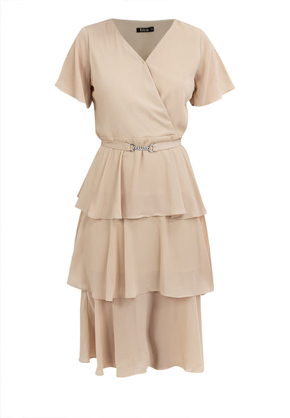 Krizia V-Neck Layered Peplum Waist Tiered Dress with Decorative Buckle Belt