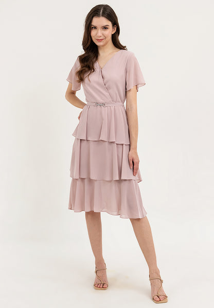 Krizia V-Neck Layered Peplum Waist Tiered Dress with Decorative Buckle Belt